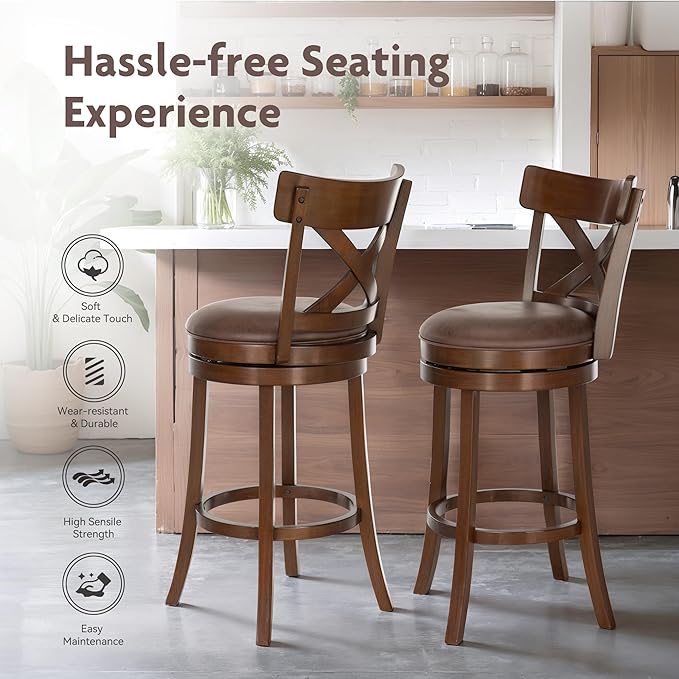 ALPHA HOME Swivel Bar Stools Set of 6, Kitchen Stools with Backs, 30 Inch Wooden Bar Stools, 360 Degrees Swivel Chair with Upholstered, Wrap-Around Footrest Counter Chair, Cappuccino