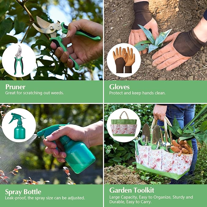 9-Piece Gardening Tools Set - Complete Gardening Kit with Heavy-Duty Stainless Hand Tools, Durable Storage Bag with Garden Accessories, Ideal Gardening Gifts for Women, Men, Gardeners (Green)