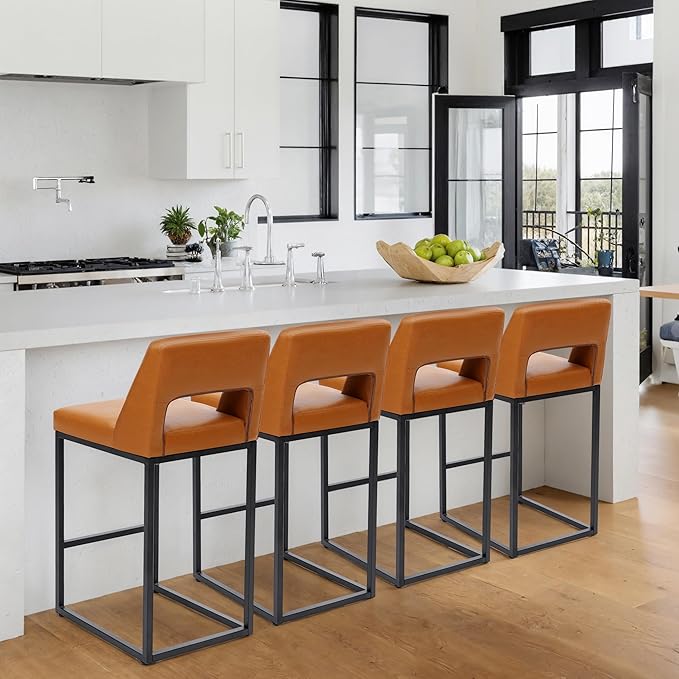 Counter Height Brown Bar Stools Set of 3 for Kitchen Counter Modern Bar Chairs with Backs for Kitchen Island with Upholstered Faux Leather Seat and Metal Frame, 24 Inch