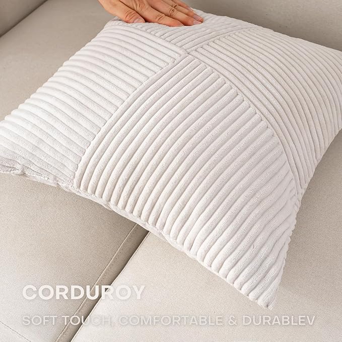 Decorative Throw Pillow Covers 16x16 Inch Set of 2 for Boho Living Room Farmhouse Home Decor, Spring Pillow Covers for Couch Bed, Soft Corduroy Striped Patchwork Cushion Cases, Cream White