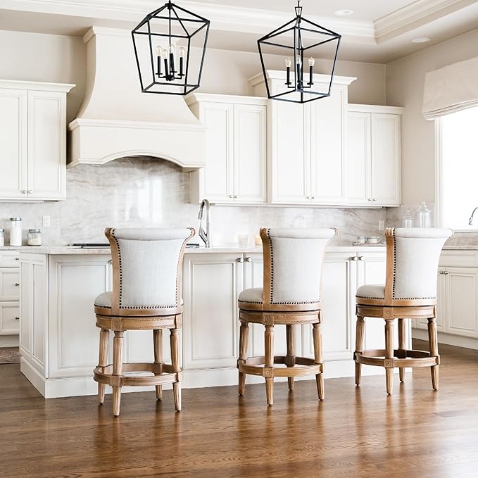 Maven Lane Pullman Counter Stool 26 Inches – Set of 4 – Swivel Stools with Footrest – Light Brown Solid Wood Frame & Natural Fabric Upholstery – Perfect for Kitchen Islands & Counters