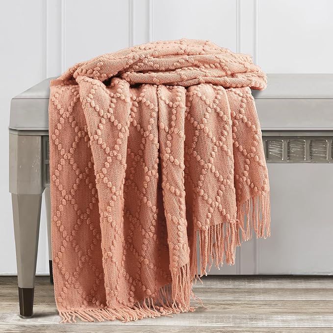 BOURINA Orange Throw Blanket 50 x70 Inches Jacquard Argyle Throw Textured Solid Soft Throws and Blankets for Sofa or Bed Knitted Decorative Blanket