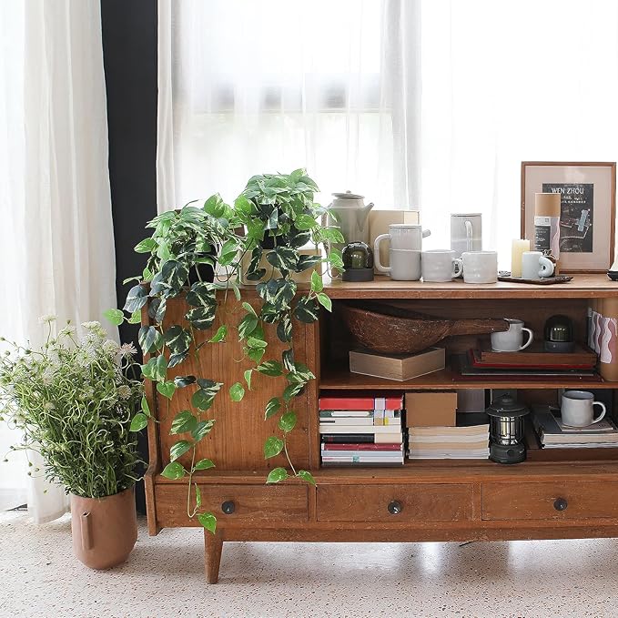 Fake Pothos Hanging Plants - Set of 2 Artificial Silk Ivy Vines with Pots, Realistic Faux Greenery for Indoor Home Decor, Low Maintenance Hanging Plant Decoration (Golden Green)