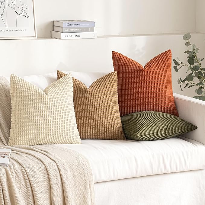MIULEE Modern Farmhouse Decorative Pillow Covers 20x20 Inch Set of 4 Natural Rustic Throw Pillows Neutral Warm Soft Corduroy Couch Pillowcases Home Decor for Sofa Living Room Bed Brown Green