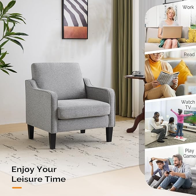 VINGLI Accent Chairs for Living Room Mid Century Modern Chair Sofa Chair Upholstered Arm Chair with Scooped Arms for Bedroom, Apartment, Office, Studio, Waiting Room, Play Room