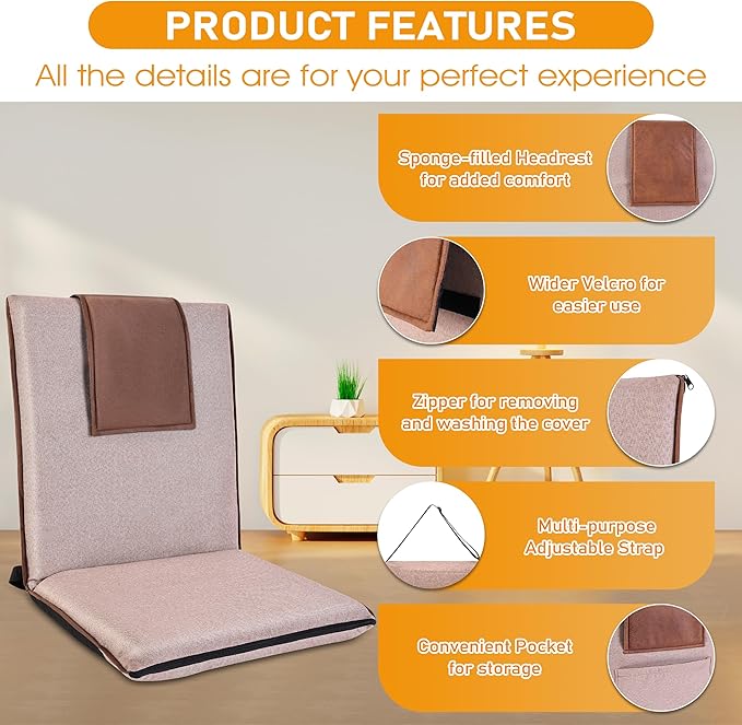 Floor Chair with Back Support 14-Position Adjustable Floor Chair Portable Ground Seating for Adults & Kids Foldable Meditation Seat with Japanese KOYO Bearings & Washable Linen Cover (Coffee)