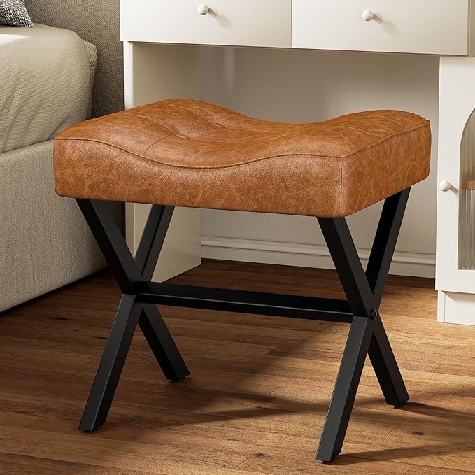 18-Inch Large Leather Vanity Stool, Vanity Chair with Metal X-Leg, Ottoman Accent Stool with Thick Padded Saddle Seat, Brown