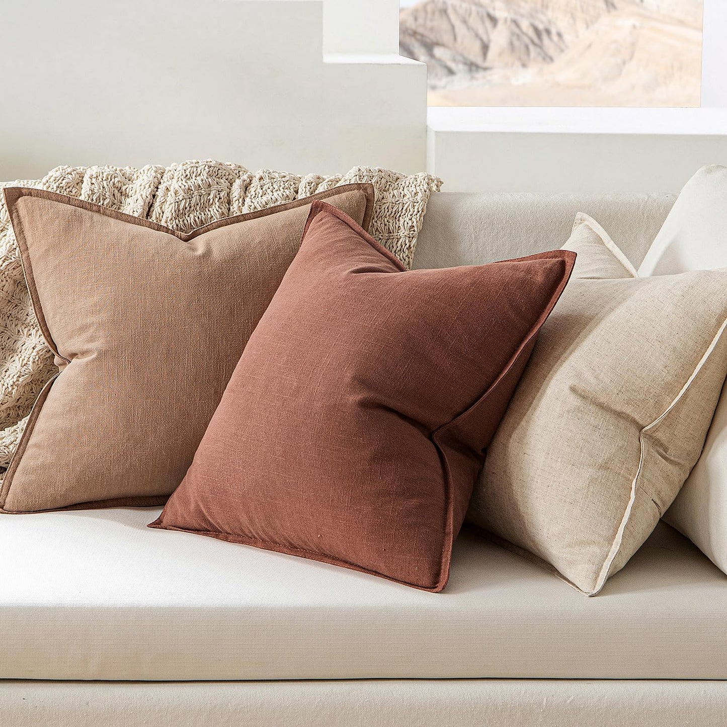 MIULEE Fall Decorative Linen Pillow Covers 18x18 Inch Rust Red Boho Farmhouse Neutral Couch Throw Pillows for Bed Pack of 2 Accent Modern Pillowcase Sofa Livingroom Home Decor