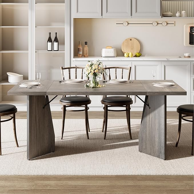 GarveeHome Dining Room Table 6, 70.9'' Rectangular Kitchen Table Dining Room Furniture with Sturdy Frame, Thickened Long Tabledesk and Dinner Desk for Party, Big Family, Flat Leg (Grey)