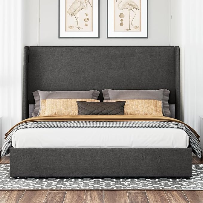 Jocisland Lift Up Storage Bed Queen Size Linen Upholstered Platform Bed Frame/Hydraulic Storage/Modern Wingback Headboard/No Box Spring Needed/Wood Slats Support/Dark Grey