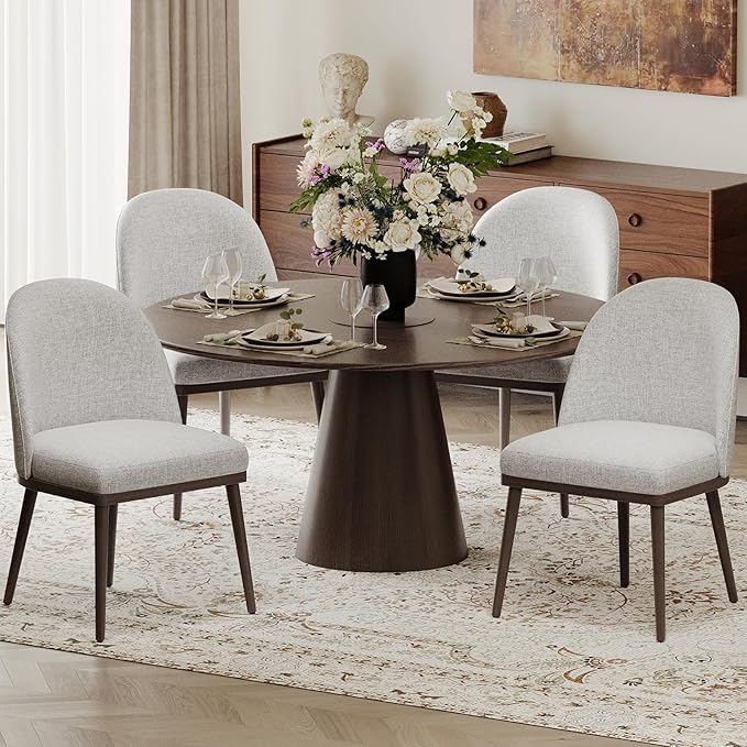 Upholstered Dining Chairs Set of 4, Large Dining Room Kitchen Chairs with High Back and Deep Seat, Modern Fabric Dinner Chairs with Wood Legs, Light Grey