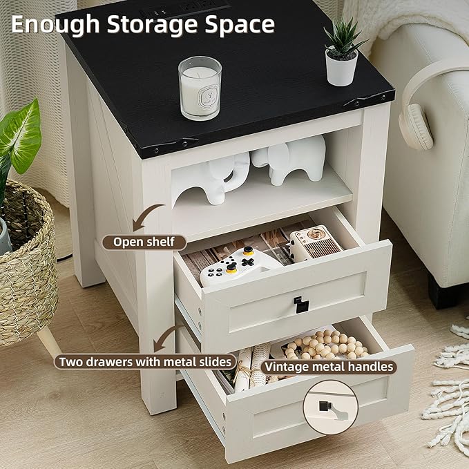 Night Stands with Charging Station Set of 2, Farmhouse Nightstand, White Wooden Bedside End Tables with 2 Drawers and Open Shelf, Bed Side Table for Bedroom, Living Room, Closet, Office