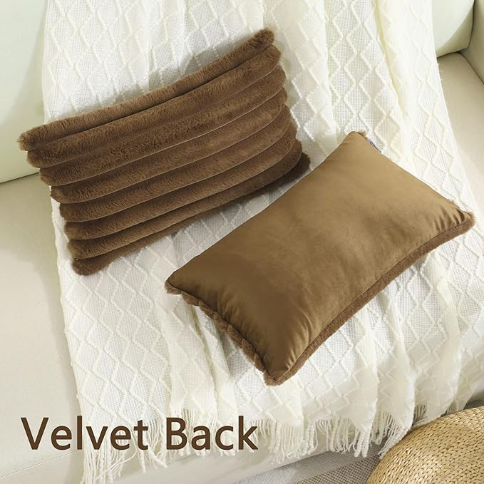 FUTEI Tan Striped Decorative Throw Pillow Covers 12x20 Inch Set of 2,Rectangle Fall Decorations Couch Lumbar Pillowcase,Soft Cozy Faux Rabbit Fur & Velvet Back,Modern Home Decor for Bed