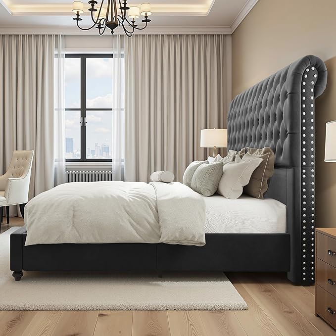 Jocisland Queen Bed Frame with 53" Tall Headboard, Velvet Upholstered Platform Sleigh Bed with Button Tufted, Solid Wood Legs, No Box Spring Needed, Easy Assembly, Dark Gray