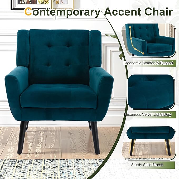 NicBex Modern Accent Chair for Living Room Upholstered Foam Filled Living Room Chairs with Metal Legs Velvet Cozy Lounge Armchair for Living Room Bedroom,Teal