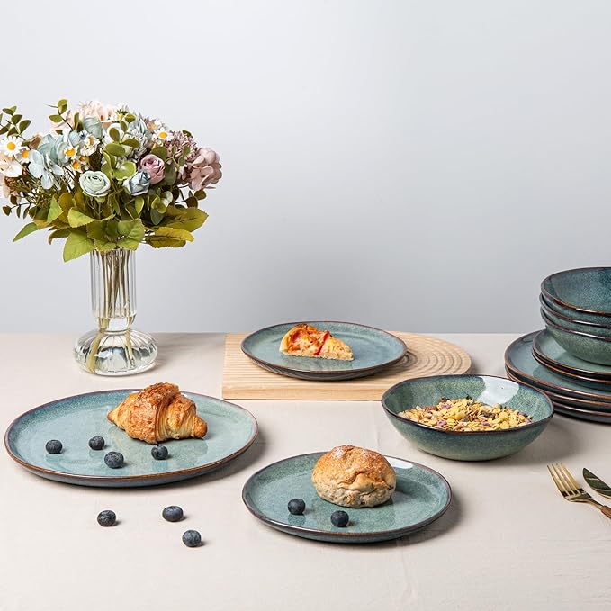 AmorArc Ceramic Dinnerware Sets,Handmade Reactive Glaze Stoneware Plates and Bowls Sets,Highly Chip and Crack Resistant | Dishwasher & Microwave Safe Dishes Set,Service for 6 (18pc)