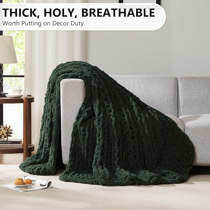 L'AGRATY Chunky Knit Blanket Throw: 50''x60'' Chenille Chunky Knitted Throw Blankets for Bed Couch - Handmade Thick Cable Knit Blanket - Large Crochet Rope Blankets for Home Decor(Olive Green)