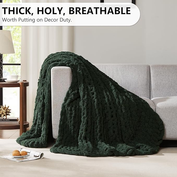 L'AGRATY Chunky Knit Blanket Throw: 72''x84'' Chenille Chunky Knitted Throw Blanket for Bed Couch - Handmade Thick Big Cable Knit Blankets - Large Crochet Rope Blanket for Home Decor(Green)