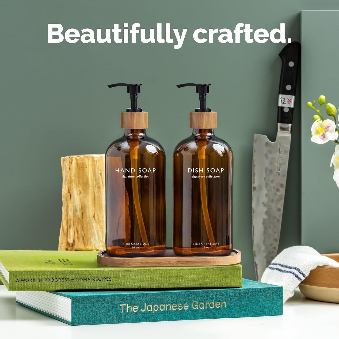 Vine Creations Amber Glass Soap Dispenser Set, Hand Soap and Dish Soap Dispenser Set with Bamboo Tray, 16 oz Glass Dispensers Bottle for Kitchen and Bathroom Decor Modern Boho with Bamboo Pump (Amber)