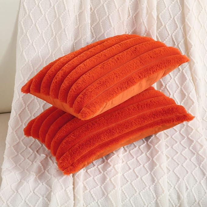 FUTEI Burnt Orange Striped Decorative Throw Pillow Covers 12x20 Inch Set of 2,Rectangle Fall Decorations Couch Lumbar Pillowcase,Soft Cozy Faux Rabbit Fur & Velvet Back,Modern Home Decor for Bed