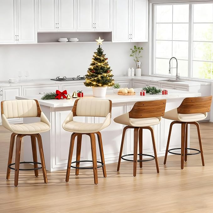 Bar Stools Set of 1, 26" Swivel Counter Height Barstools with Walnut Bentwood Back and Legs, Mid-Century Modern Faux Leather Upholstered Cream Bar Chairs for Kitchen Island, Café, Dining Room, Beige