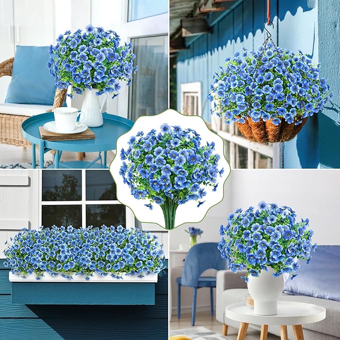 20 Bundles Artificial Flowers for Outdoors Decoration Fake Silk Flowers UV Resistant Faux Plants Artificial Daisy Eucalyptus for Spring Summer Garden Yard Porch Window Home Decor, Blue
