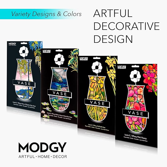 MODGY Expandable Flower Vase Set, Plastic Decorative Modern Foldable Printed Vases for Centerpieces for Wedding, Dining Table, Home Decor, Living Room, Bathroom, Office, Louis C. Tiffany, 4 Pack
