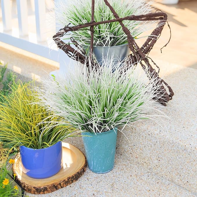 RECUTMS Artificial Grasses for Outdoor Planters Outdoor Greenery White Plastic House Plants Faux Grass for Planters Wedding Indoor Outside Garden Porch Home Office Window Box Decor(White)