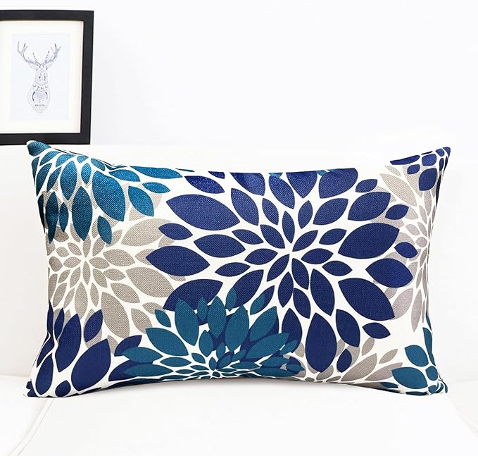 Decorative Throw Pillow Covers Set of 2 Blue Pillow Covers 12x20 Inch Couch Pillow Covers for Sofa Living Room Outdoor Throw Pillow Cover Linen Square Floral Flower Farmhouse Pillowcase