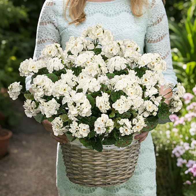 Plastic Flowers for Outdoors Home Decor Fake Plants Artificial Flowers Artificial Geraniums Outdoor Fake Flowers Silk Bouquet, Fall Decor for Interior Porch Garden Decor 14.4" (White) 8PCS