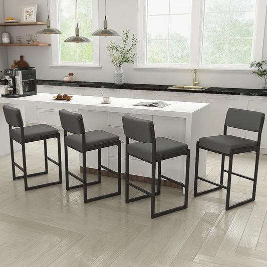 Mid Century Modern Counter Height Bar Stools Set of 3, 26" Bar Height Chairs with Backs, Upholstered Counter Stools, Metal Barstools for Kitchen Island (Darkgray- Fabric, 26" H - Set of 4)
