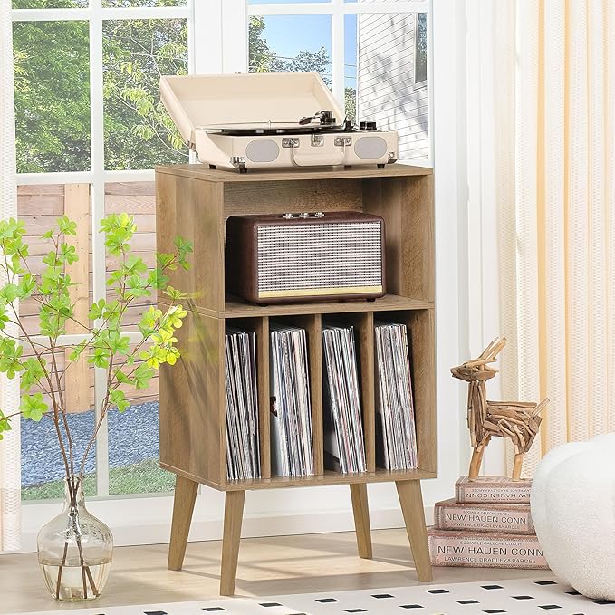 Lerliuo Record Player Stand, Oak Turntable Stand Holds up to 160 Albums, Mid-Century Vinyl Storage Cabinet Table with Solid Wood Legs, Record Player Holder Dispaly Shelf for Bedroom Living Room