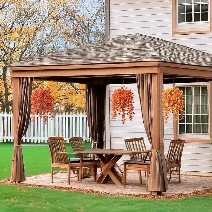 Artificial Fall Flowers for Outdoor, 4 Pcs Faux Pansy Fake Mums Plant Hanging Flowers Outdoor Fall Decor, UV Resistant No Fade Silk Flower for Front Door Porch Planter Patio Yard Garden(Orange)