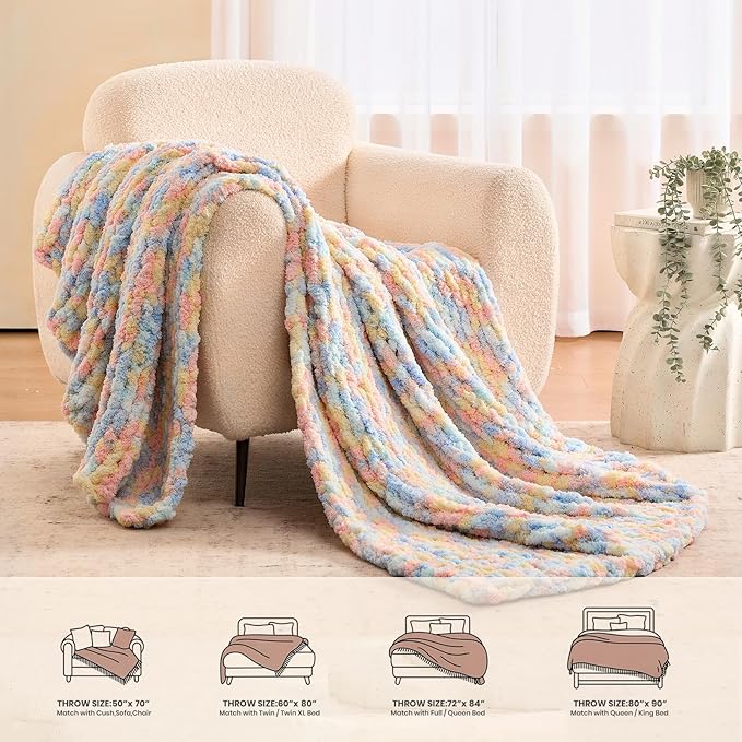 L'AGRATY Chunky Knit Blanket Throw: 60''x80'' Chenille Chunky Knitted Throw Blankets for Twin Bed Couch - Handmade Thick Cable Knit Blanket - Large Crochet Rope Blankets for Home Decor