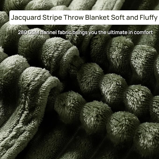 Geniospin Throw Blanket for Couch, Bed, Sofa – 280GSM Super Soft Lightweight Blanket with Stripe, 3D Ribbed Jacquard Blanket, Plush Fuzzy Cozy Throws, Warm and Breathable (Olive Green, 50x60 inches)
