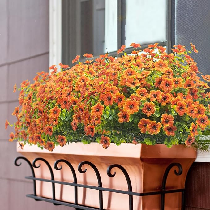 10 Bundles Artificial Fall Flowers Outdoor UV Resistant Fake Flowers(Orange)