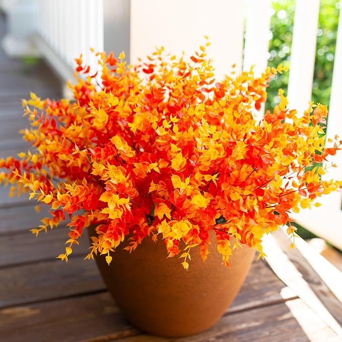 Artificial Fake Fall Autumn Eucalyptus Plants Flowers for Outdoor Outside Decoration, Faux Silk Orange Boxwood Look Real UV Resistant for Home Porch Patio Planter Decor，12 Bundles
