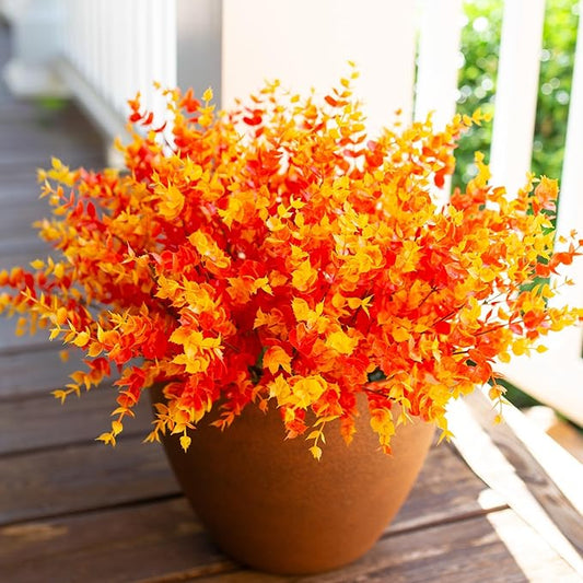 Artificial Fake Fall Autumn Eucalyptus Plants Flowers for Outdoor Outside Decoration, Faux Silk Orange Boxwood Look Real UV Resistant for Home Porch Patio Planter Decor，12 Bundles
