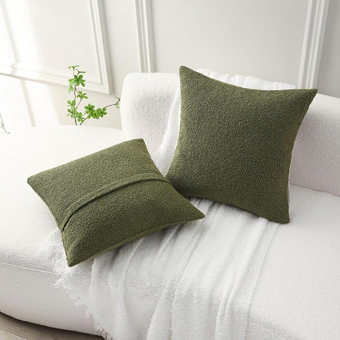 FUTEI Pack of 2 Moss Green Decorative Throw Pillow Covers 20x20 Inch Soft Cozy Solid Boucle Textured Cushion Case,Modern Home Decor for Couch Bed Living Room
