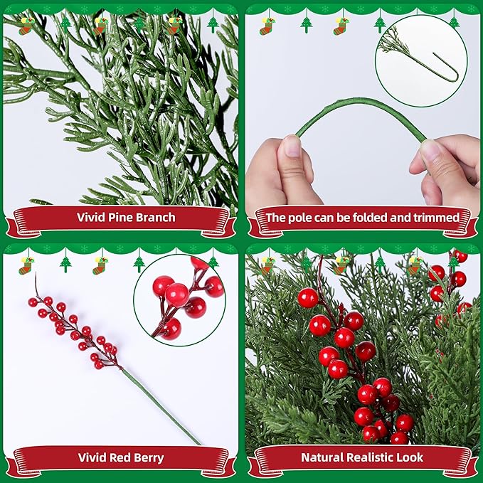 Cedar Stems Artificial Norfolk Pine Branches for Christmas Decor, 12 PCS Fake Pine Stems with 3 PCS Red Berries Branches Realistic Fake Plants Faux Greenery for Vases DIY Garland Xmas Table Indoor