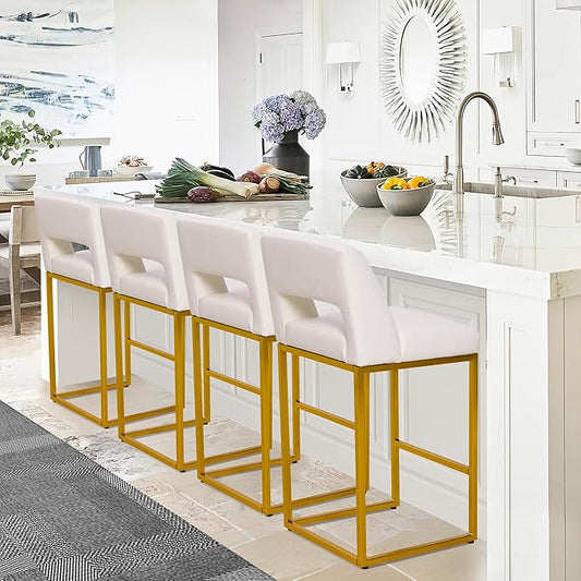 White and Gold Counter Height Bar Stools Set of 4 for Kitchen Counter Modern Bar Chairs with Backs for Kitchen Island with Upholstered Faux Leather Seat and Metal Frame, 26 Inch