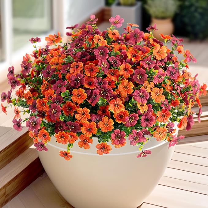 Fall Mums Artificial Flowers for Outdoors Potted, 12 Bundles Fake Fall Daisy Flower with Realistic Eucalyptus Leaves, Fake Plants for Greenery Boxwood Porch Patio Garden Pot Courtyard(Orange Brown)