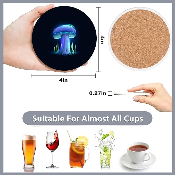 6 Pcs Coasters for Drinks with Holder,Magical Glowing Mushrooms Absorbent Coaster with Cork Backing,Great Gift for Housewarming,Room Decor,Bar,Holiday Party