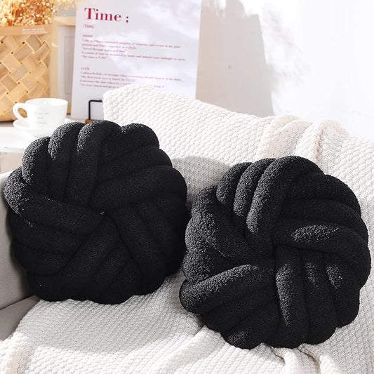 Marsui 2 Pieces Knot Ball Pillows 14 x 14 Inch Decorative Pillow for Couch Bedroom Plush Throw Knot Pillow Soft Handmade Chair Cushion for Living Room Car Decorations (Black)