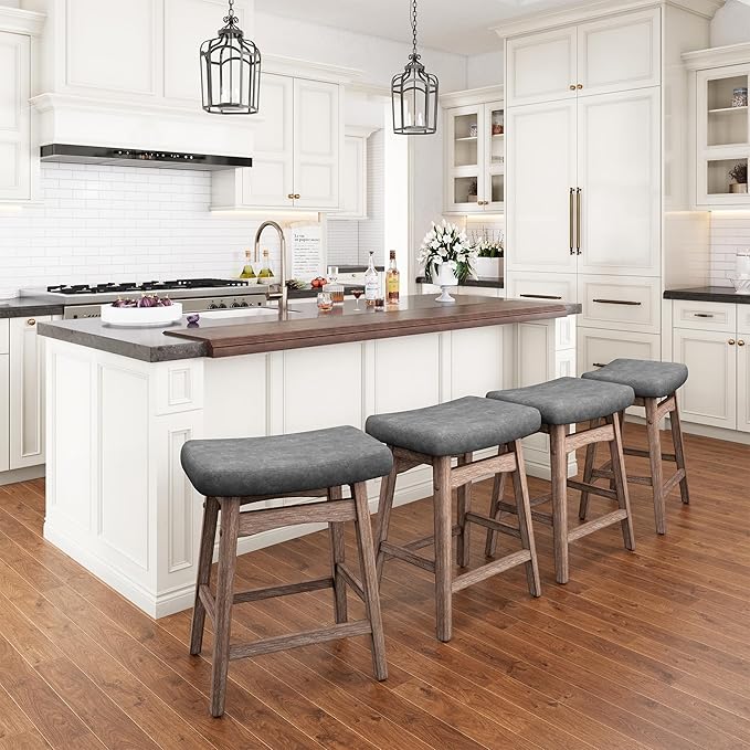 PHI VILLA Farmhouse Bar Stools Set of 3 - Wood Bartools with Upholstered Saddle Seat, 24 inch stools for Kitchen Counter Set of 3