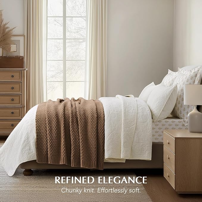 EVERGRACEHOME Chunky Chenille Knit Throw Blanket for Couch, Soft Luxurious Moss Stitch Blankets for Bed, Cozy Decorative Farmhouse Knitted Throws for Sofa, Camel Brown, 60" x 80"