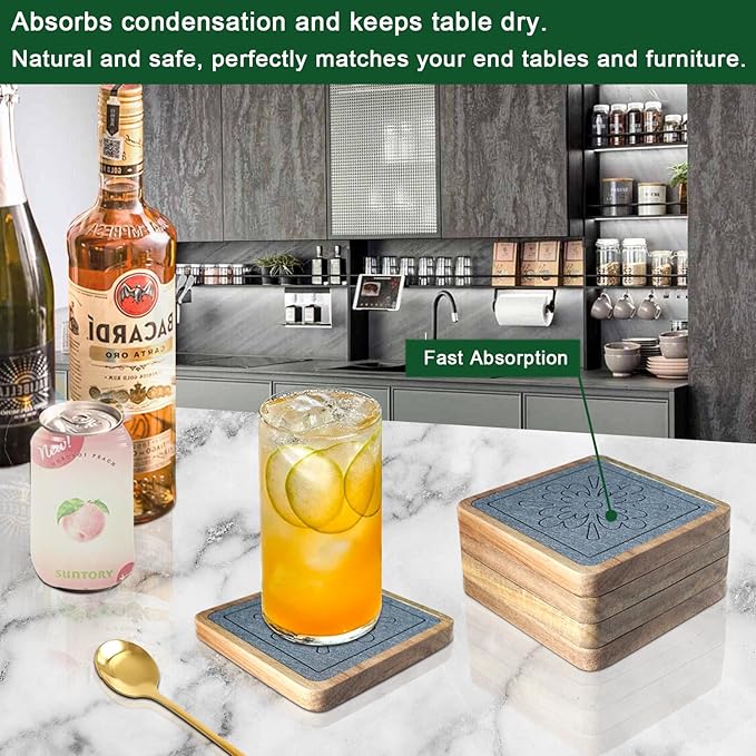 Square Coasters for Drinks, Absorbent Coaster Sets of 5, Wood Drinks Coasters for Coffee Tabletop Protection, Non-Slip, Non-Stick, Suitable for Kinds of Cups Wooden Table Drink, 4.1 Inches Grey