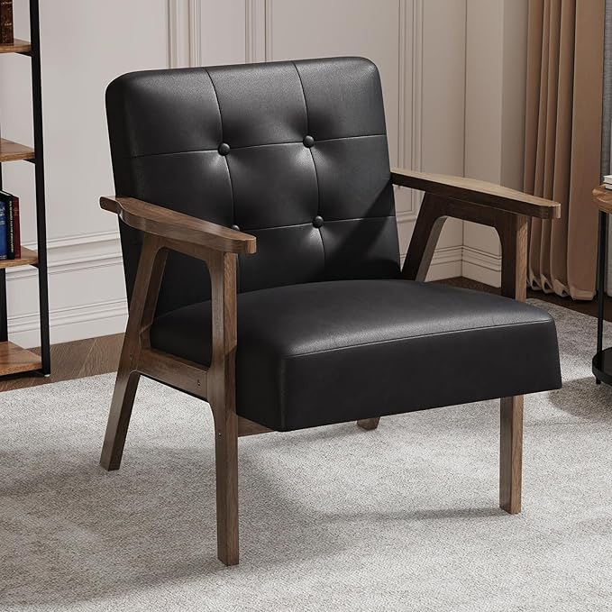 Casaottima PU Leather Accent Chair Mid Century Comfy Cozy Chair with Solid Wood Legs,Modern Arm Reading Chair with Button Tufted Back for Living Room Bedroom (Dark Black)