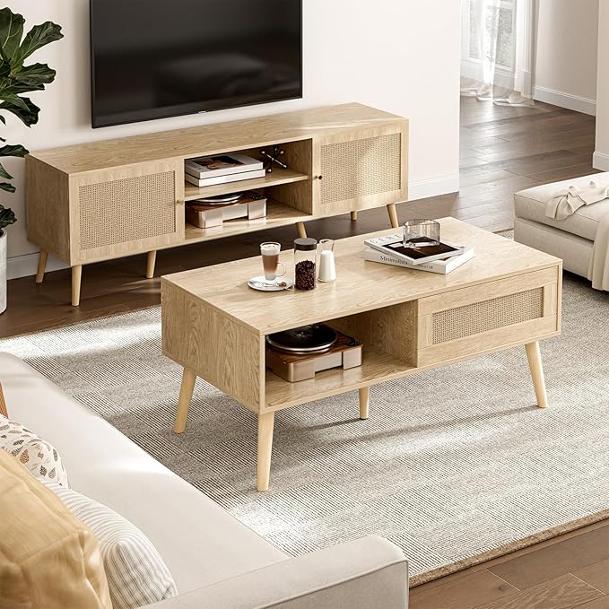 Wood Coffee Table with Storage, Boho Dining Table with Sliding Rattan Door Panel and Solid Wood Legs, Small Coffee Tables for Living Room, Oak (Oak_LSJ008)