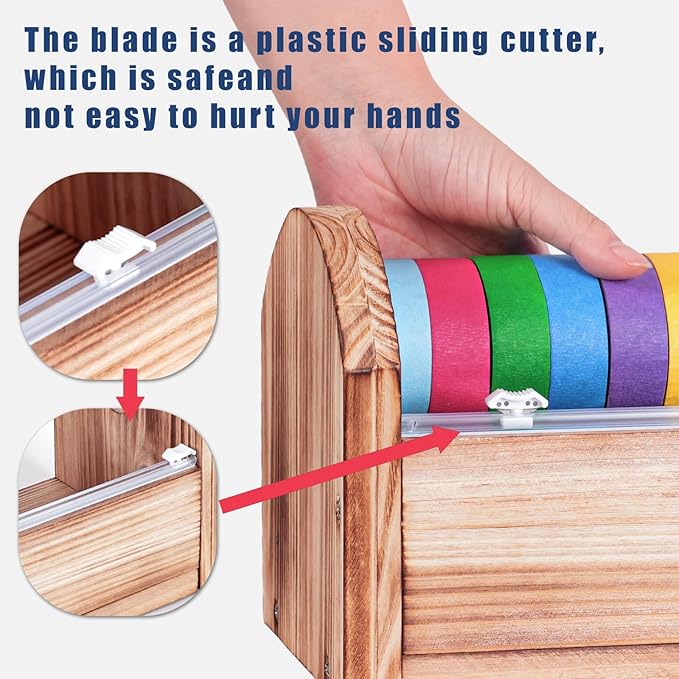 Wooden Masking Tape Dispenser for Kids - Colored Masking & Washi Tape Holder with Sliding Cutter, Multi Roll Craft Tape Dispenser Organizer for Children Gift Wrapping (Slide Cutter)